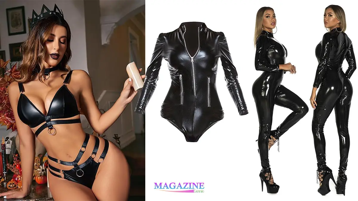 All Details about Black Leather Bodysuit Outfit For Women