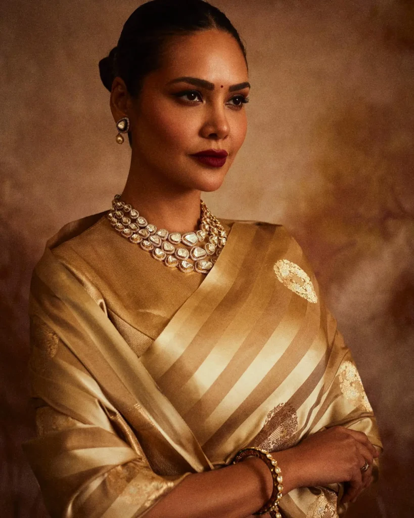 Esha Gupta in Shiny Golden Saree