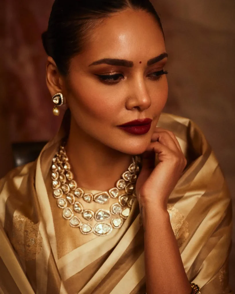 Esha Gupta in Shiny Golden Saree