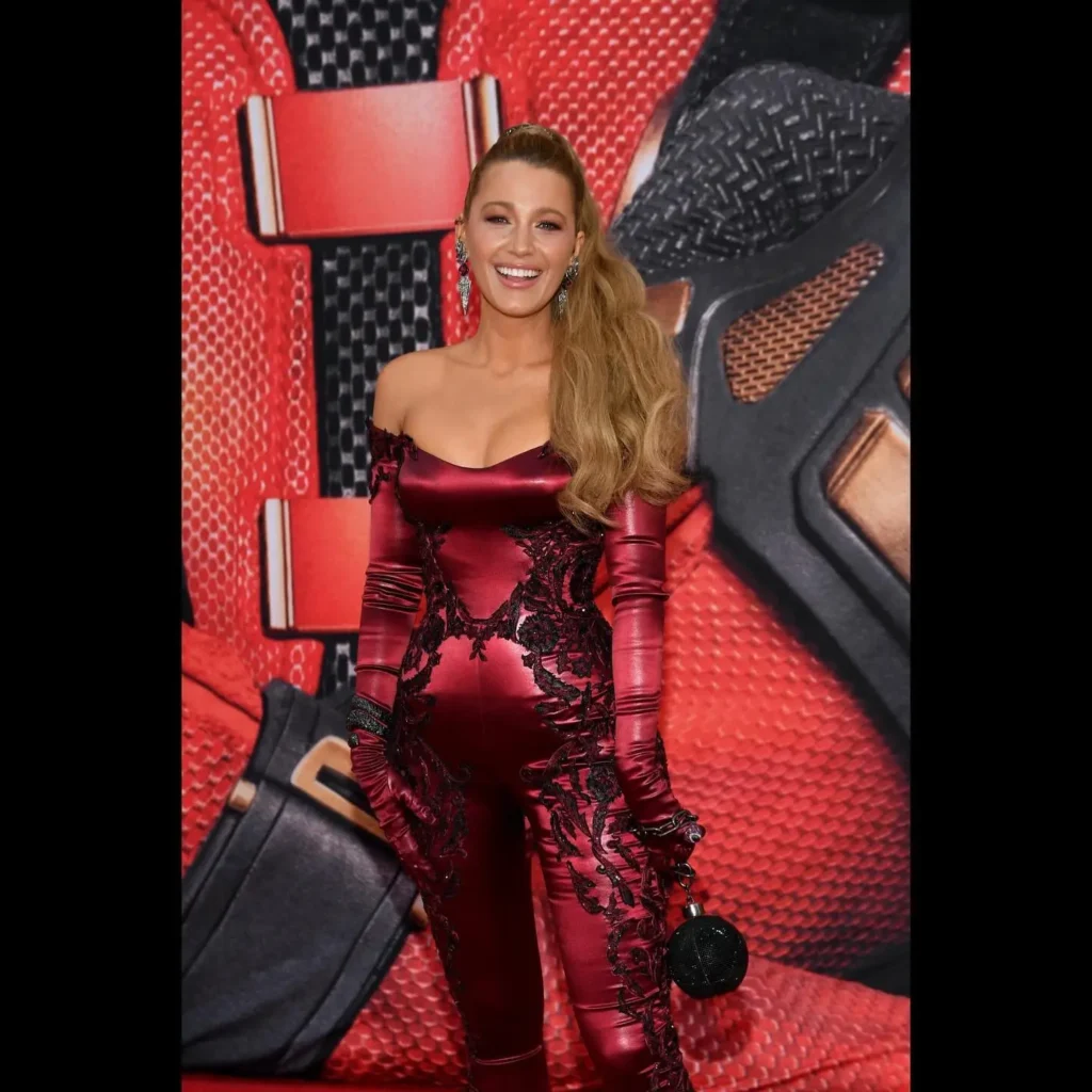 Blake Lively Photos in red satin skin tight dress at deadpool & wolverine event