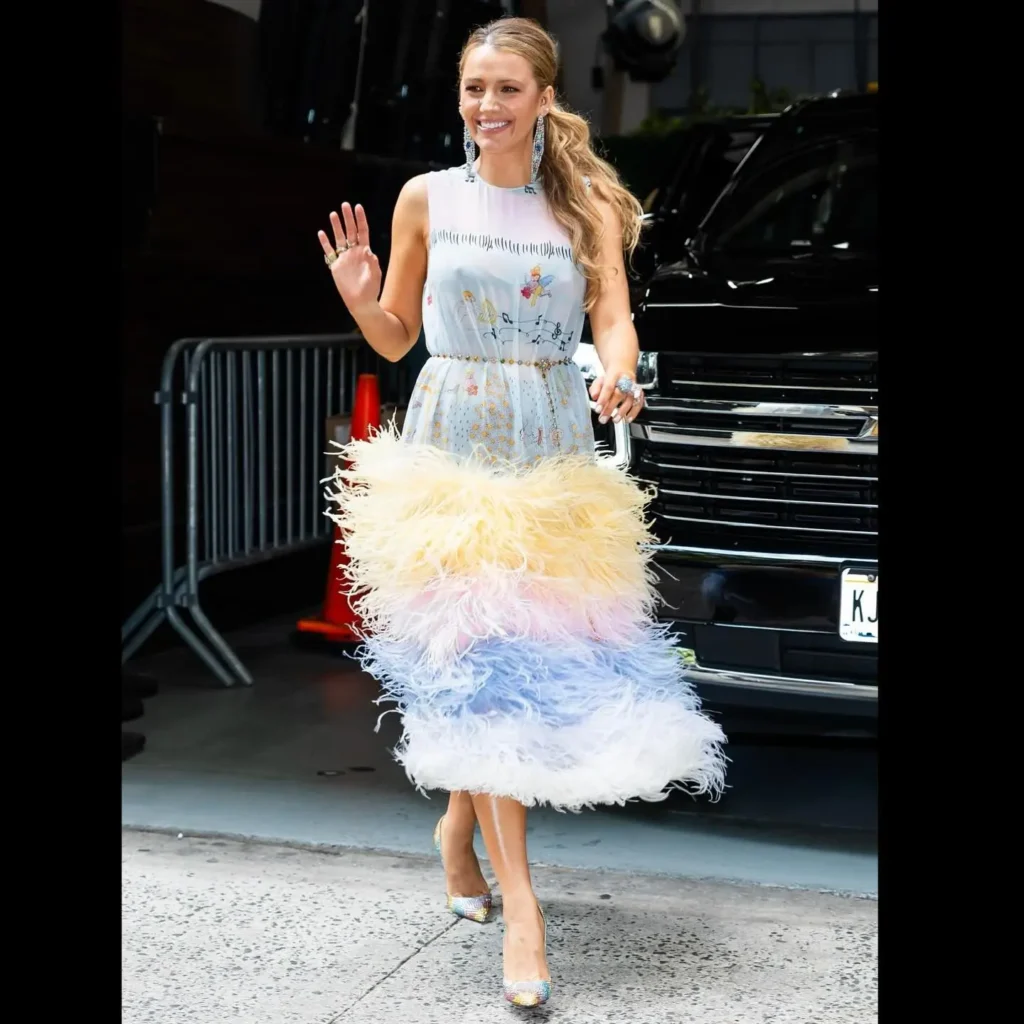 Blake Lively Photos in colorful Fur skirt Dress and Blake Lively dress to Impress