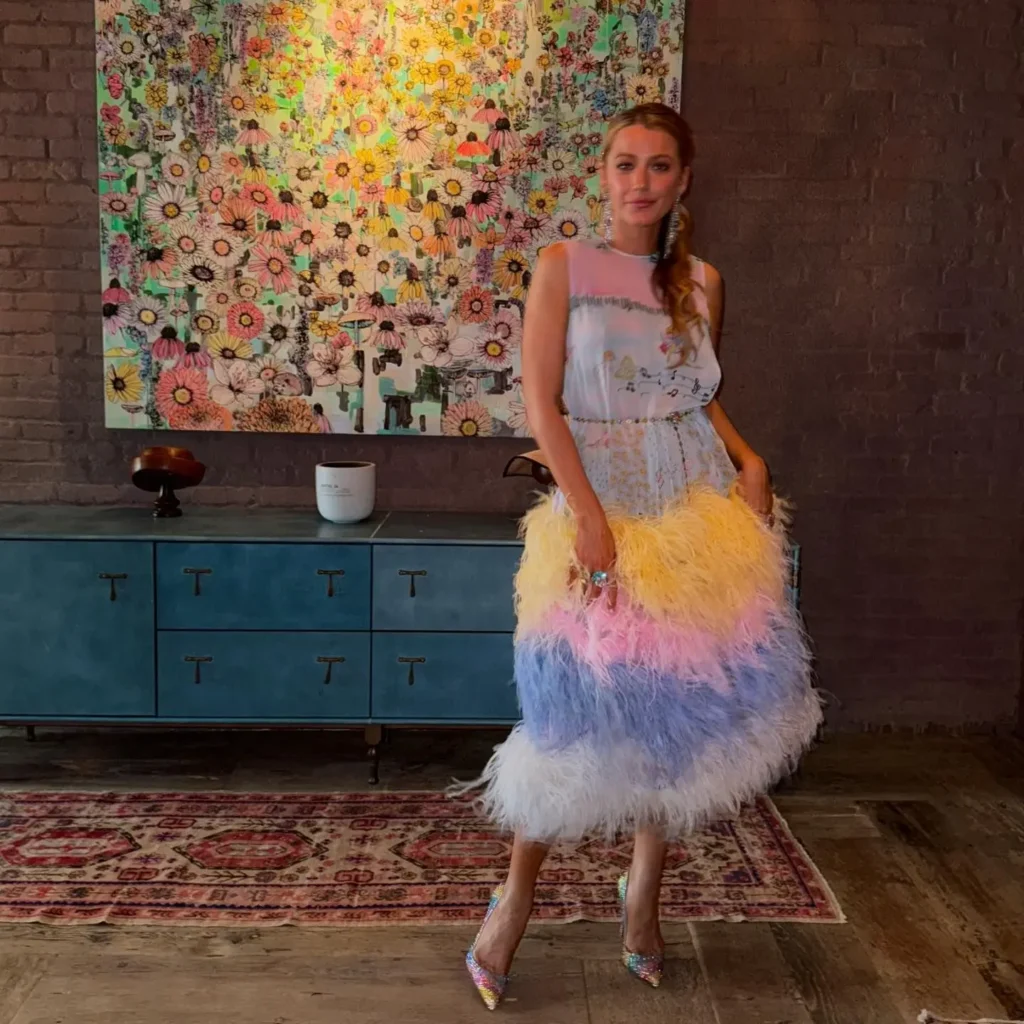 Blake Lively Photos in colorful Fur skirt Dress and Blake Lively dress to Impress