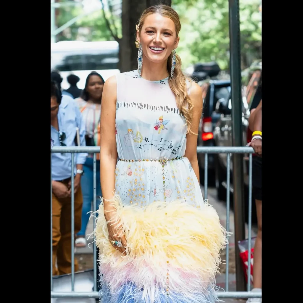 Blake Lively Photos in colorful Fur skirt Dress and Blake Lively dress to Impress