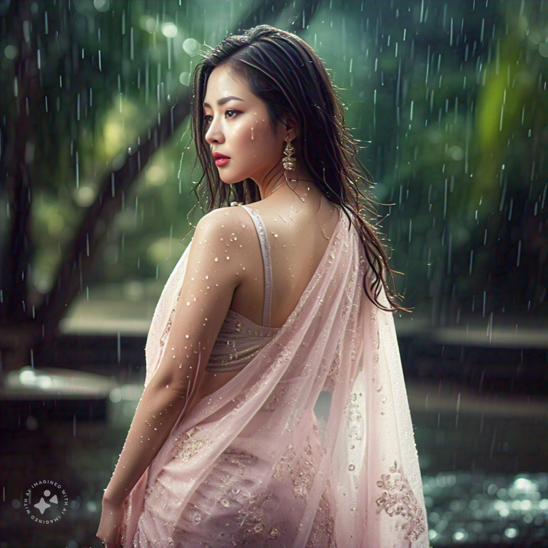 Curvy Russian Model in Sheer Wet Beige Saree, Professional Model, Wild Jungle Background, Rainy Wet Look, Romantic Lighting, Wet Sheer Saree, Wet Figure in skin tight saree