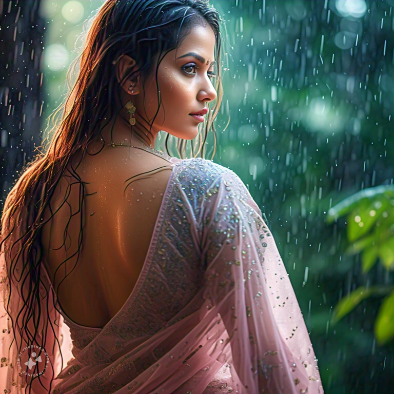 Curvy Russian Model in Sheer Wet Beige Saree, Professional Model, Wild Jungle Background, Rainy Wet Look, Romantic Lighting, Wet Sheer Saree, Wet Figure in skin tight saree