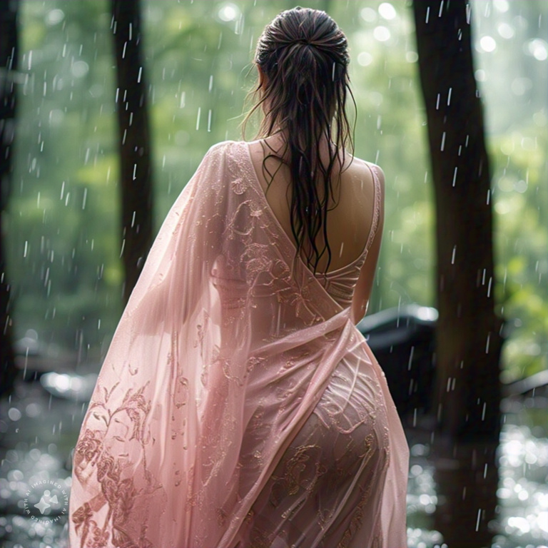 Curvy Russian Model in Sheer Wet Beige Saree, Professional Model, Wild Jungle Background, Rainy Wet Look, Romantic Lighting, Wet Sheer Saree, Wet Figure in skin tight saree