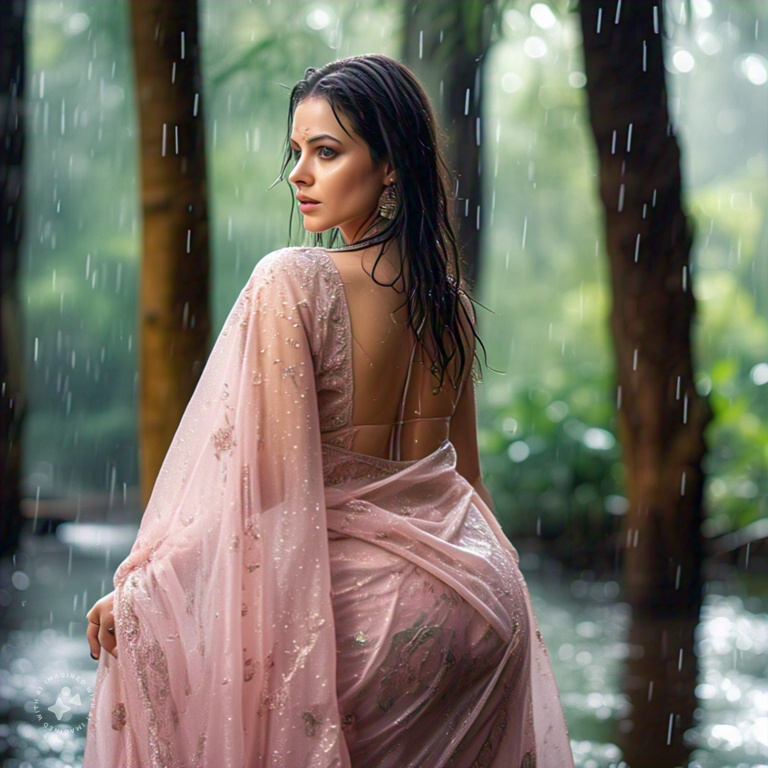 Curvy Russian Model in Sheer Wet Beige Saree, Professional Model, Wild Jungle Background, Rainy Wet Look, Romantic Lighting, Wet Sheer Saree, Wet Figure in skin tight saree