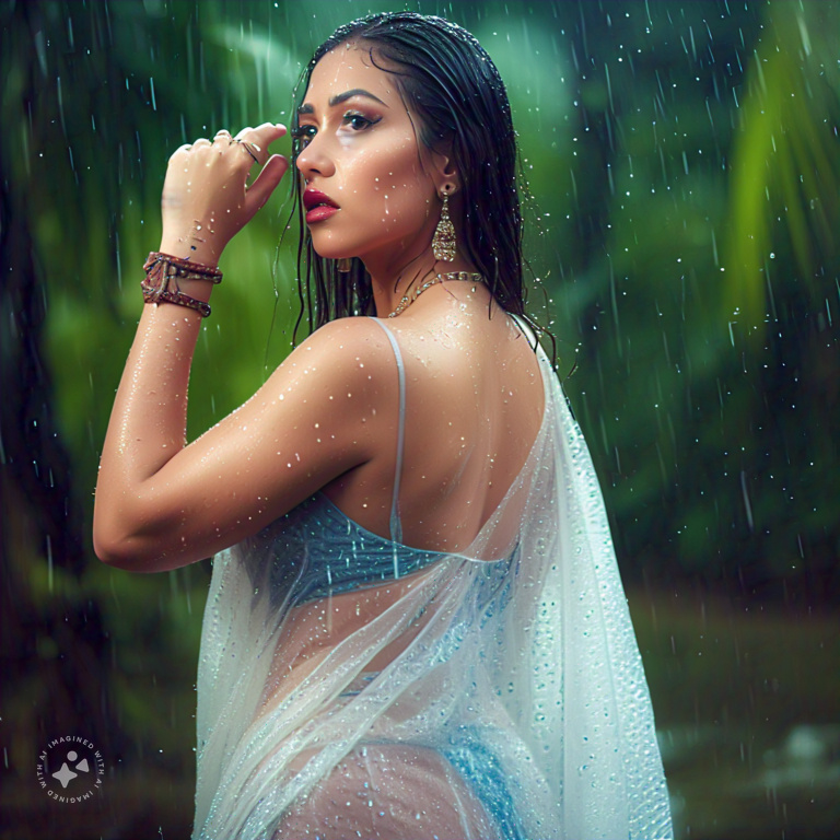 Curvy Russian Model in Sheer Wet Beige Saree, Professional Model, Wild Jungle Background, Rainy Wet Look, Romantic Lighting, Wet Sheer Saree, Wet Figure in skin tight saree