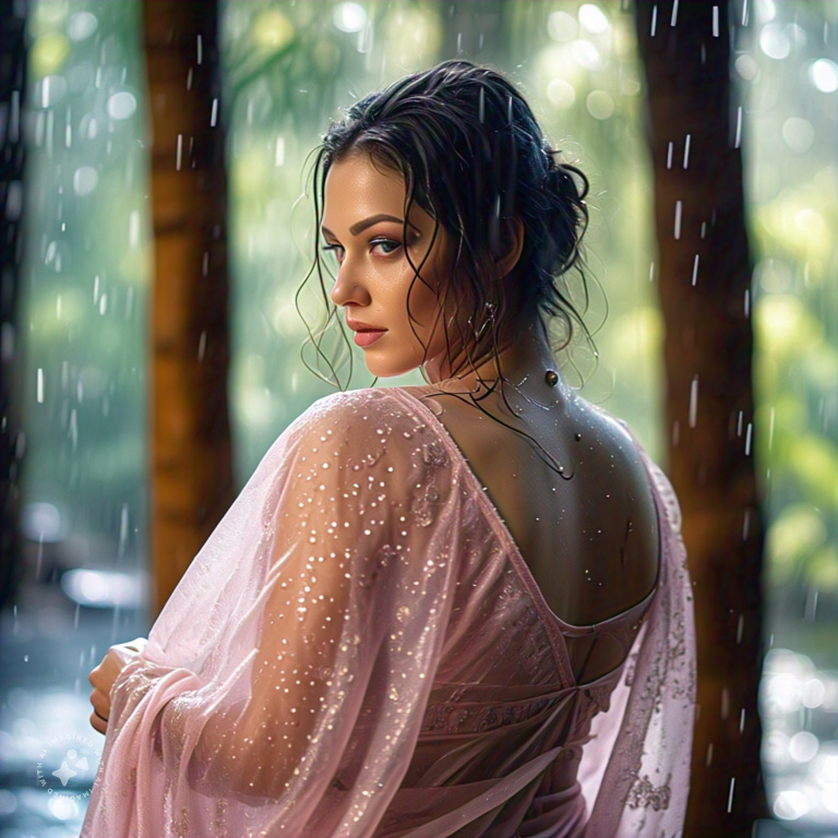 Curvy Russian Model in Sheer Wet Beige Saree, Professional Model, Wild Jungle Background, Rainy Wet Look, Romantic Lighting, Wet Sheer Saree, Wet Figure in skin tight saree