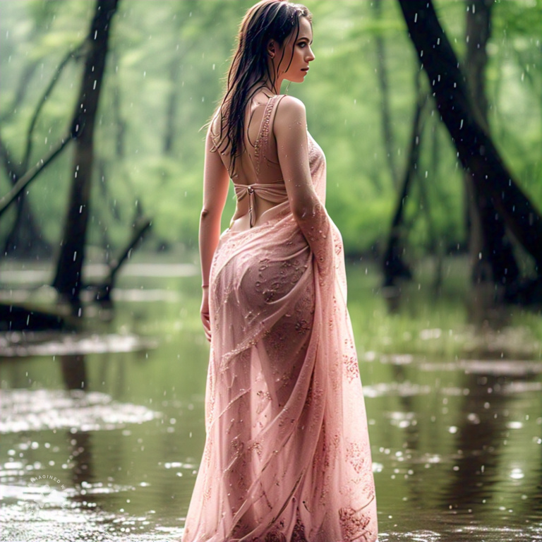 Curvy Russian Model in Sheer Wet Beige Saree, Professional Model, Wild Jungle Background, Rainy Wet Look, Romantic Lighting, Wet Sheer Saree, Wet Figure in skin tight saree