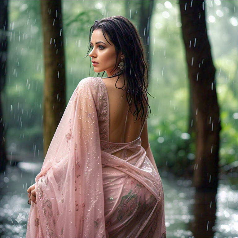 Curvy Russian Model in Sheer Wet Beige Saree, Professional Model, Wild Jungle Background, Rainy Wet Look, Romantic Lighting, Wet Sheer Saree, Wet Figure in skin tight saree