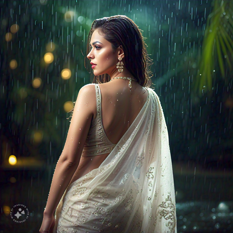 Curvy Russian Model in Sheer Wet Beige Saree, Professional Model, Wild Jungle Background, Rainy Wet Look, Romantic Lighting, Wet Sheer Saree, Wet Figure in skin tight saree