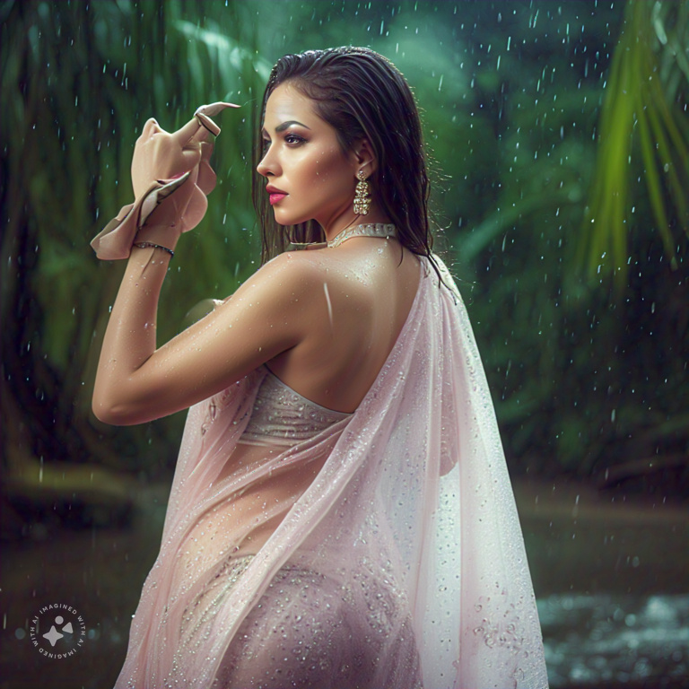 Curvy Russian Model in Sheer Wet Beige Saree, Professional Model, Wild Jungle Background, Rainy Wet Look, Romantic Lighting, Wet Sheer Saree, Wet Figure in skin tight saree