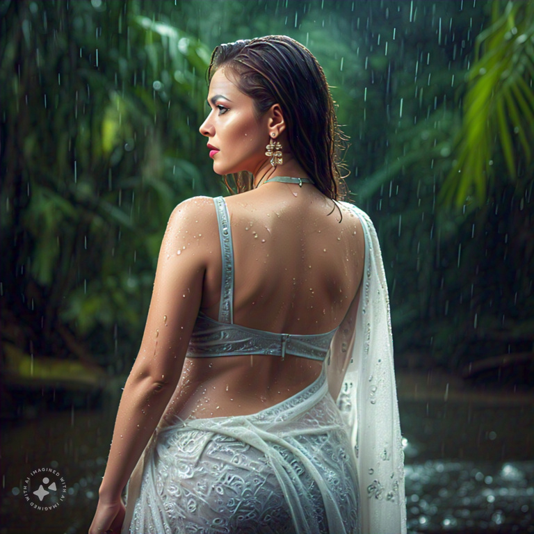 Curvy Russian Model in Sheer Wet Beige Saree, Professional Model, Wild Jungle Background, Rainy Wet Look, Romantic Lighting, Wet Sheer Saree, Wet Figure in skin tight saree