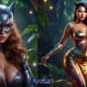 Catwoman Costume in Shiny Skin Tight Bodycon Outfit and Catwoman Makeup