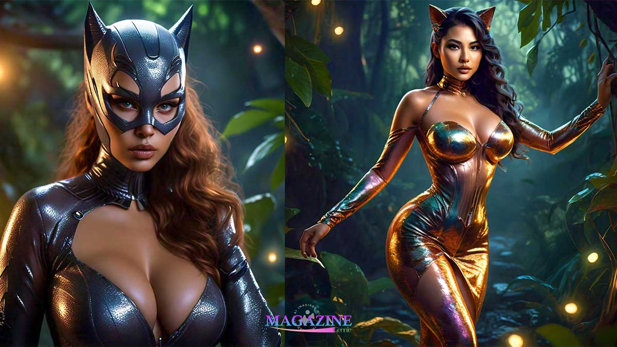 Catwoman Costume in Shiny Skin Tight Bodycon Outfit and Catwoman Makeup