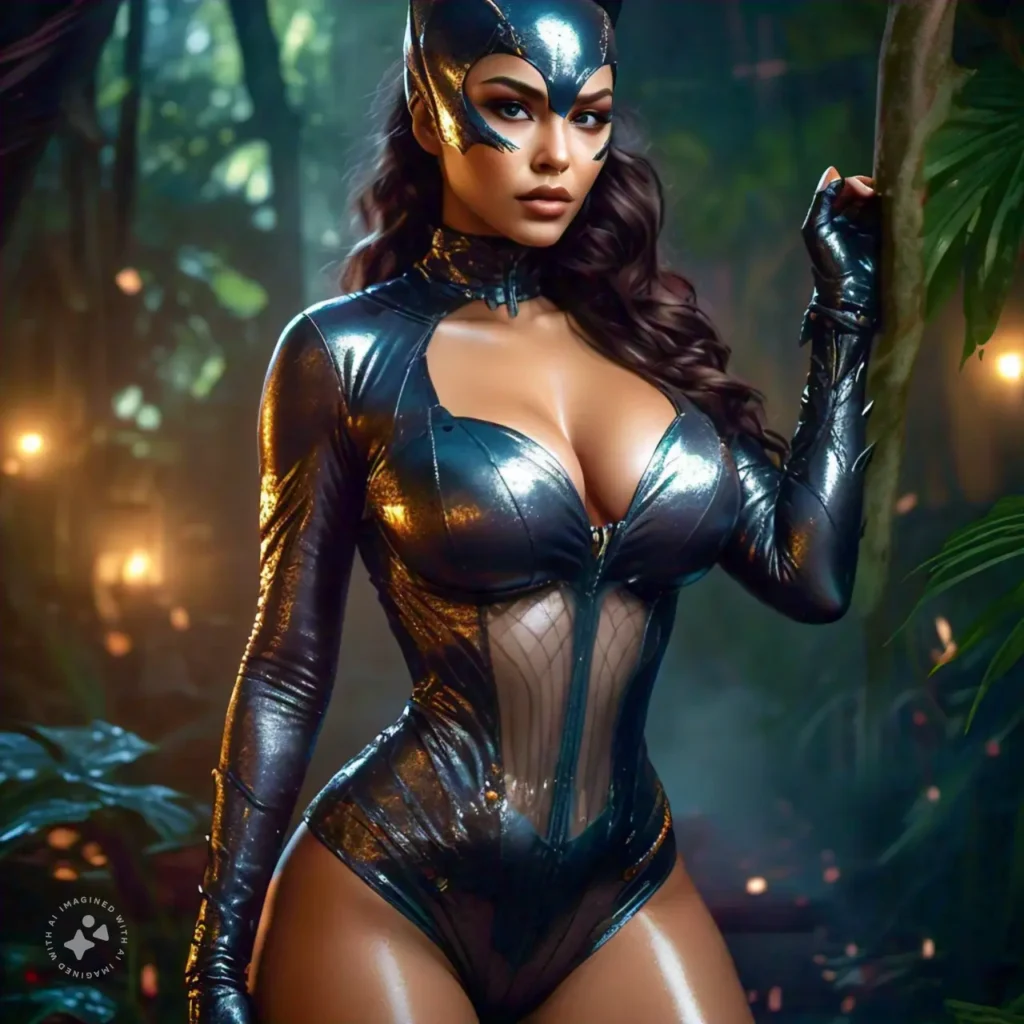 catwoman costume in shiny skin tight bodycon outfit and catwoman makeup 42